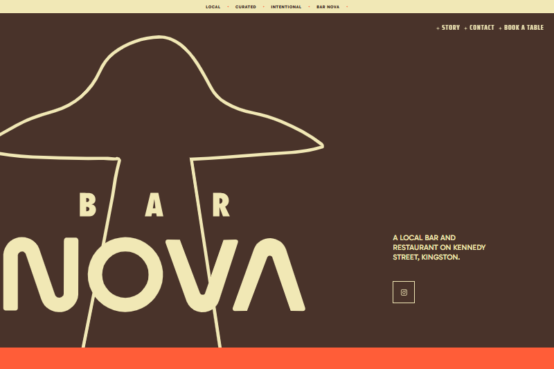 The Bar Nova website: a cream hand-drawn UFO lockup on chocolate brown, with a brand-word ticker running above it
