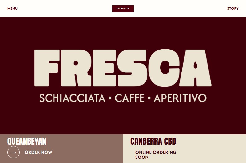 The FRESCA website: a cream FRESCA wordmark on deep burgundy, above panels for the Queanbeyan and Canberra CBD shops