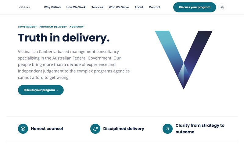 The Vistina Consulting website: navy and teal type on white, a prismatic V mark